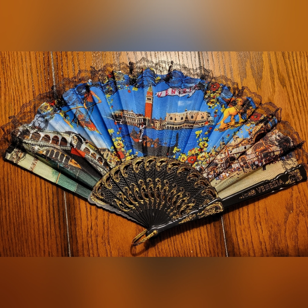 Venezia Artistic Hand Fan with Black and Gold Accents